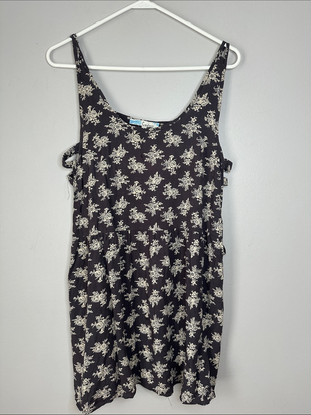 Dark Gray Floral Sleeveless Dress with Cream Print